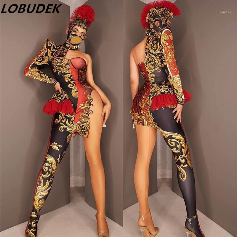 

Stage Wear Nightclub Sexy Women Men Team Dance Costume Vintage Print One Shoulder Jumpsuit Headgear Uniform Outfit Cosplay Show Wear1, Women style