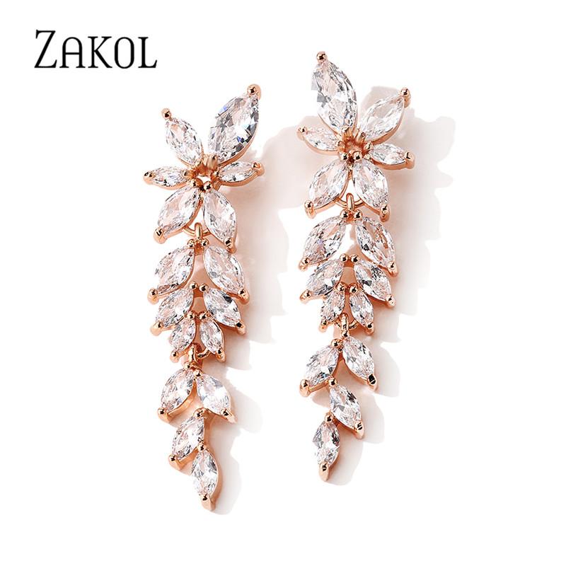 

Dangle & Chandelier ZAKOL Marquise Cut Cluster Flower Zirconia Crystal Long Drop Earrings Shiny Leaf Bridal Wedding Jewelry For Women EP2981, Silver