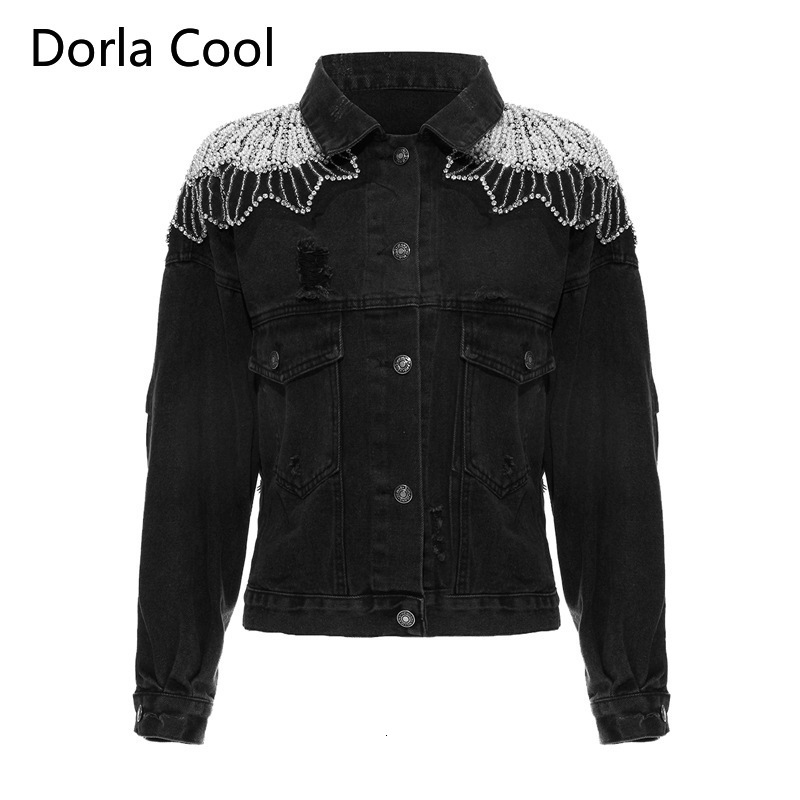 

New Female Streetwear Outerwear Chic Coat Luxury Beads Personality Holes Design Girl's Jacket Denies Jean Jackets Qrl0, Black