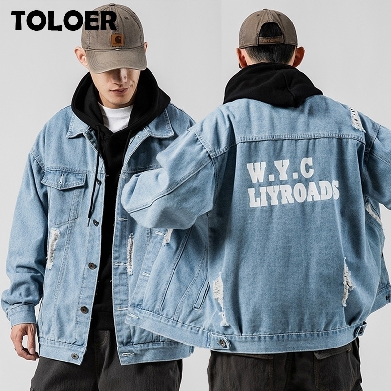 

Spring Autumn Denim Jackets Men's New Hip Hop Retro Jacket Street Casual Pilot Jacket Fashion Large Size Printed Jacket 5XL 201123, Cc230black