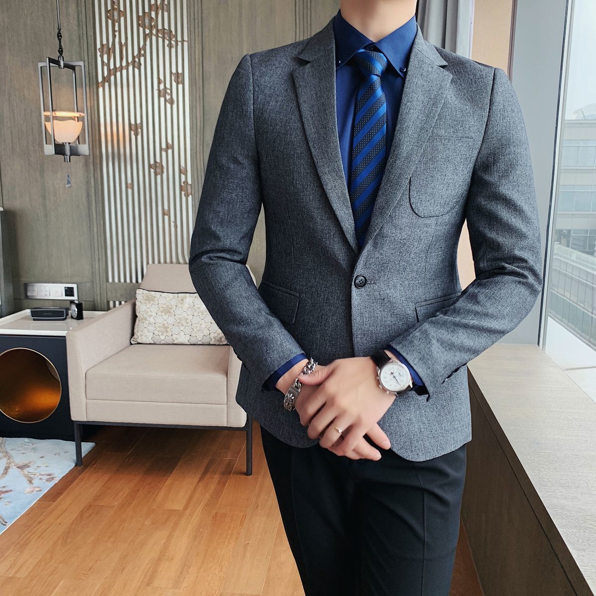 

2020 Solid Blazer Sport Jacket Autumn Quality Social Businessmen Blasting Suit Men Men's Thin Fwni, Gray.