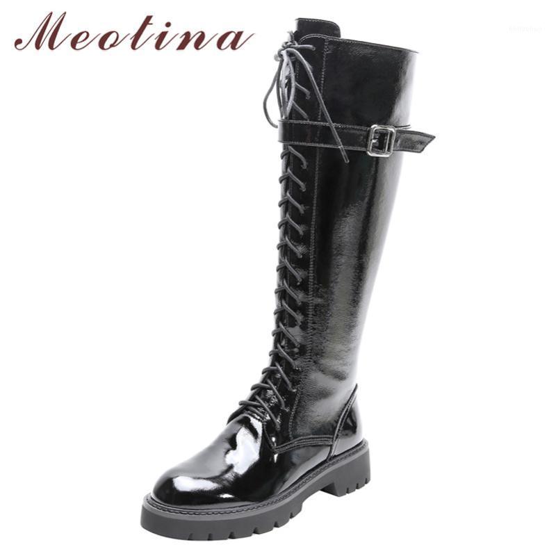 

Meotina Winter Motorcycle Boots Women Natural Genuine Leather Buckle Thick Heel Knee High Boots Buckle Zipper Shoes Lady Size 391, Black synthetic lini