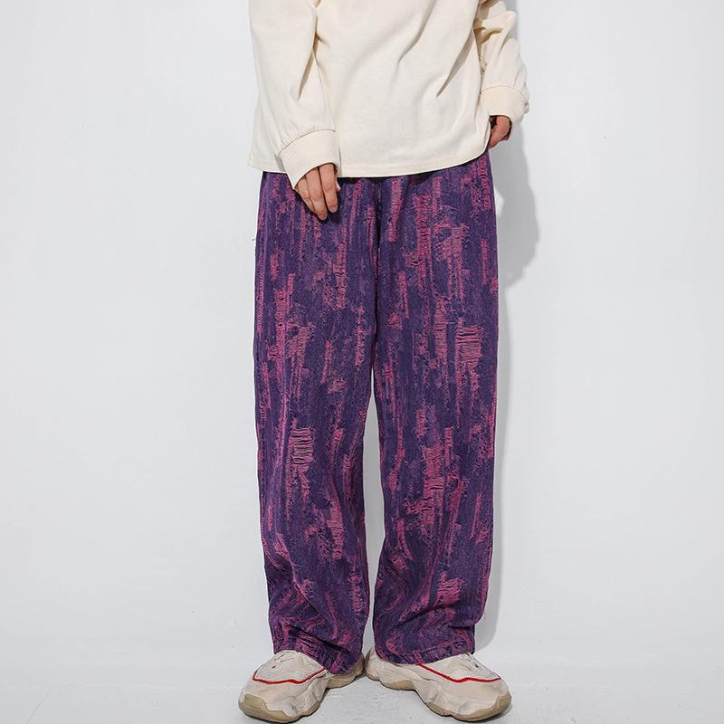 

Tie Dye Wide Leg Jeans Streetwear Baggy Denim Jeans Hip Hop Ripped Destroyed Pants Retro Washed Hole Denim Trousers, Yellow