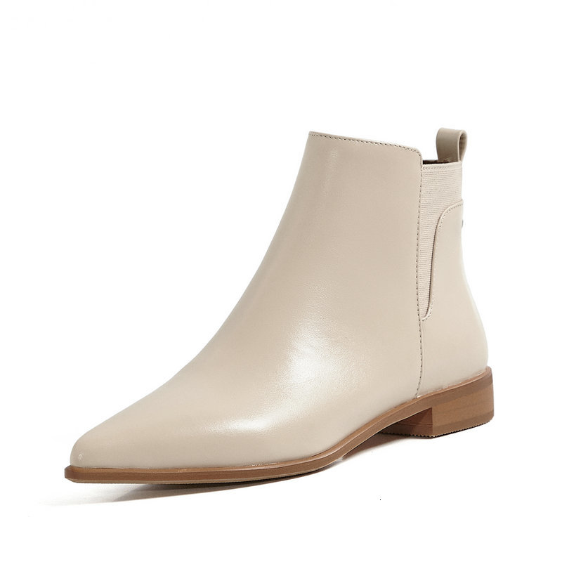 

2021 New Cow Leather Low Heels Warm Short Pointed Toe Women Ankle Night Club Motorcycle Boots Winter Autumn Shoes Woman Ijfp, Beige
