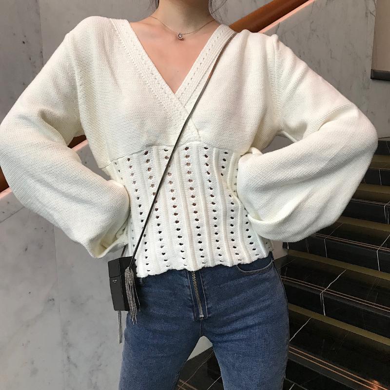 

Chic Style V-neck Lantern Sleeve Waist-Controlled White Soft Warm Sweater Women Autumn 2020 New Style All-match Top Women