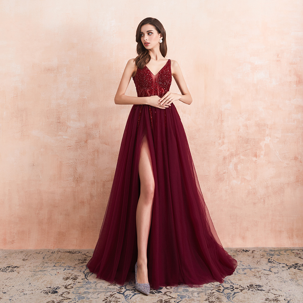 

Sexy Tulle Long Prom Dresses 2020 New Arrival Beaded Split A-Line V-Neck Special Occasion Evening Party Gown, Black