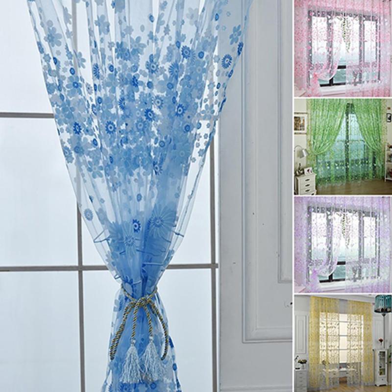 

Pastoral Floral Voile Window Door Curtain Balcony Valances Drape Panel Sheer Tulle Sheer Window Curtains for Living Room, Blue
