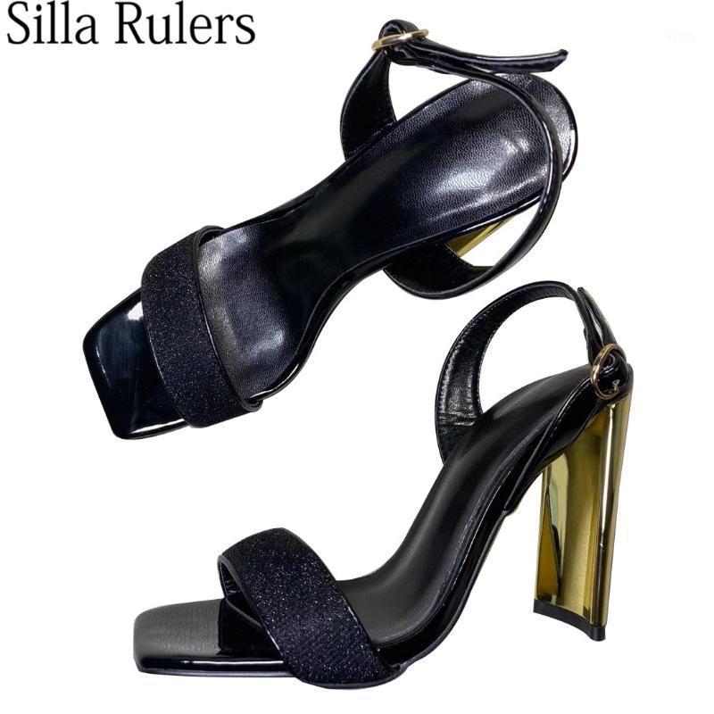 

Runway Gold Metal Chunky Heels Sandals Woman Black Square Toe One Strap Gladiator Shoes Ladies Wedding shoes Dress 20201