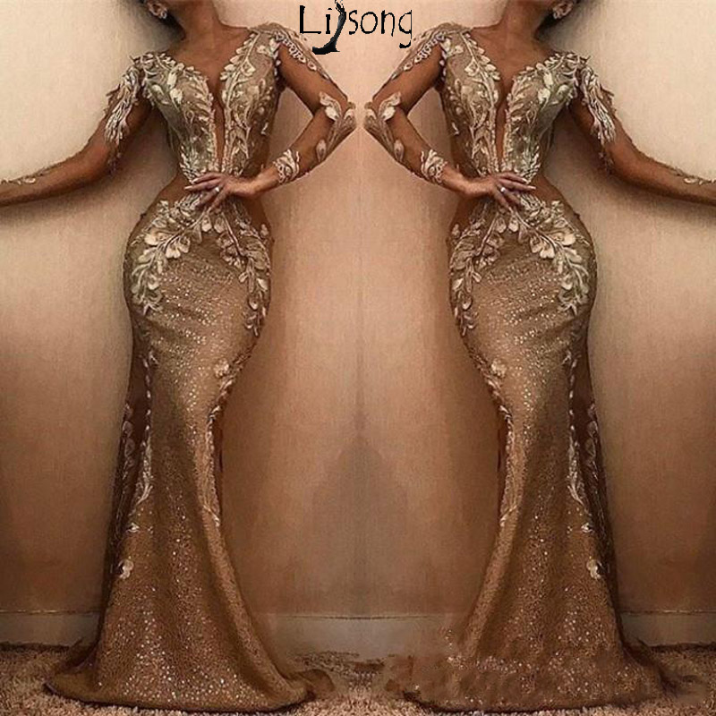 

2019 Elegant Mermaid Long Evening Dresses Sheer V Neck Long Sleeves Sequins Appliqued Sweep Train Formal Party Dress Prom Gowns, Blue