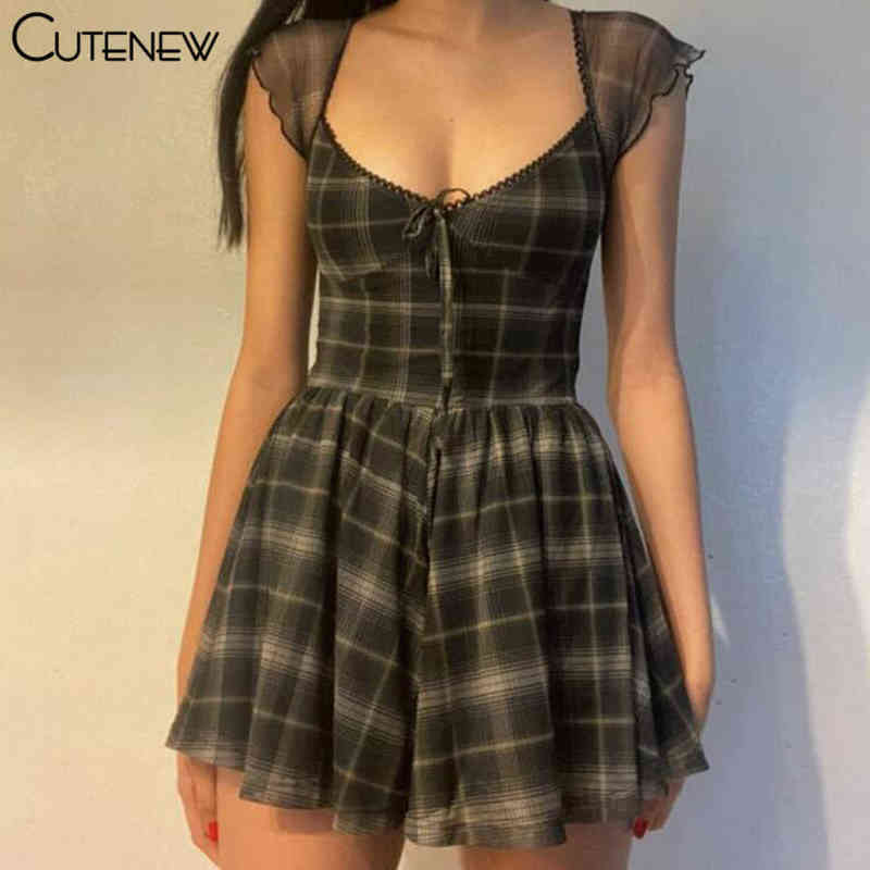 

Cutenew Lattice Pattern A-Line Short Sleeve Mini Dress For Womens Clothes 2021 Summer Casual Stretch Comfortable Lady Streetwear G1223, Black plaid