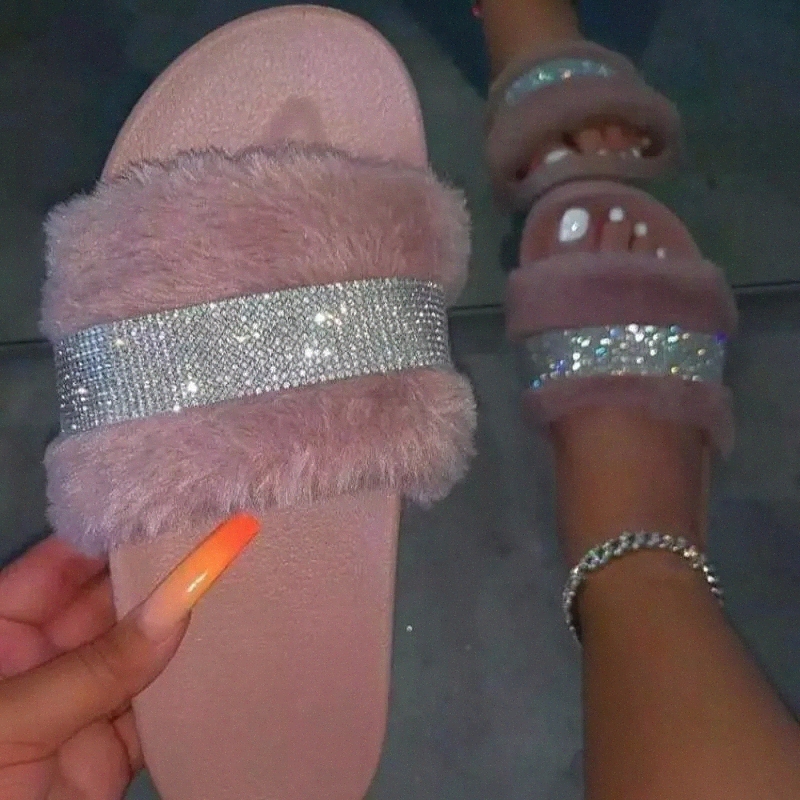 

Women Fur Slippers Ladies Crystal Home Flat Fur Slides For Women Fluffy Female Shoes Glitter Indoor Women' Casual Shoes 2020 #vY7P