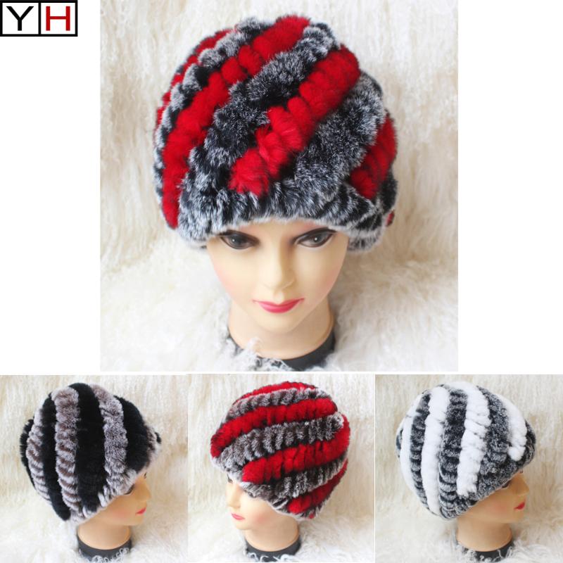 

Winter Womens Rex Fur Hats with Stripe Design Lady Winter Warm Rex Fur Caps Natural Real Caps Free Shipping, Grey