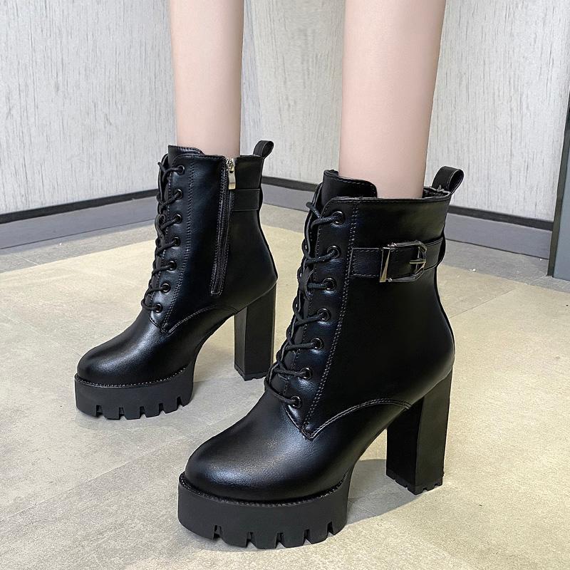 

Rimocy Black Chunky Platform Ankle Boots For Women Punk Style Buckle Motorcycle Boots Woman Waterproof Leather High Heels Shoes1, Black zipper