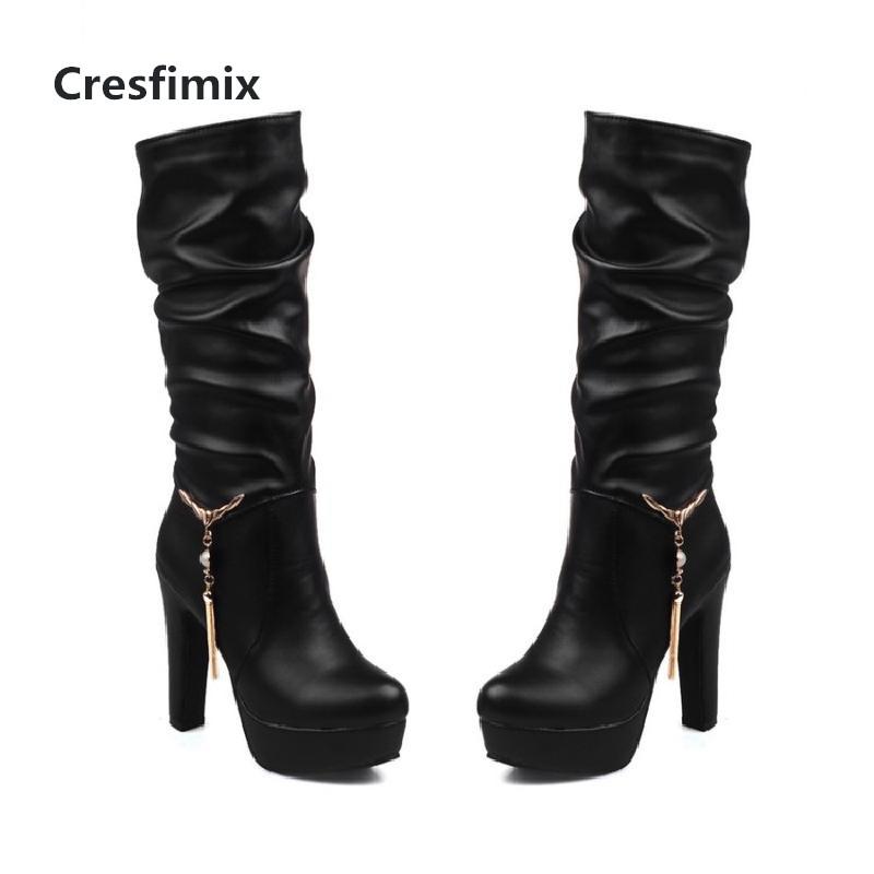

Cresfimix bottes femme lady cool comfortable black pu leather black high heel boots women fashion sweet brown boots botas c3070