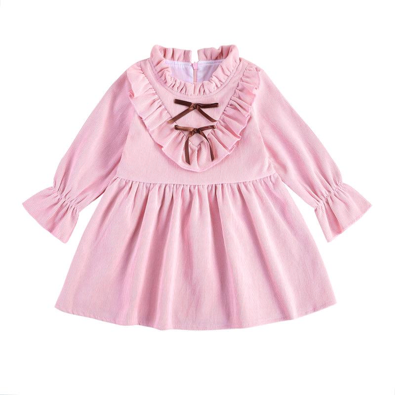 

Toddler Baby Girls Long Sleeve Ruffle Corduroy Dress Solid Color Flare Sleeve Dress