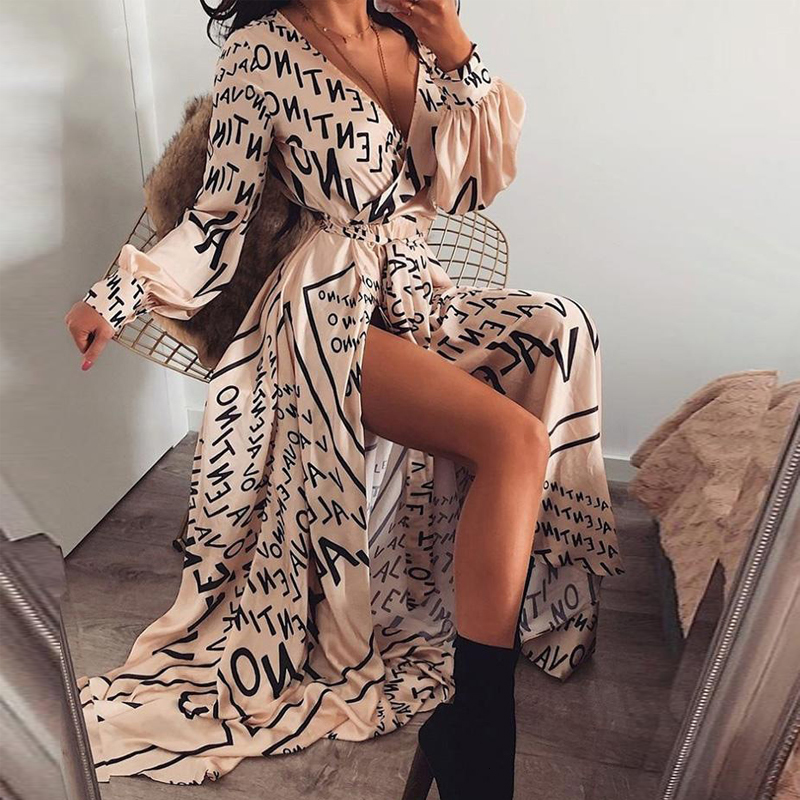 

2021 New Women Letter Print Boho V-neck Long Spring Summer Autumn Slit Maxi Beach Robe Femme Casual Sashes Loose Es Kdmd, Wd124ap