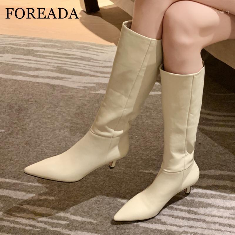 

FOREADA Real Leather High Heel Women Boots Thin Heel Knee High Boots Pointed Toe Long Pleated Female Shoes Beige Size 401, Beige velvet lining