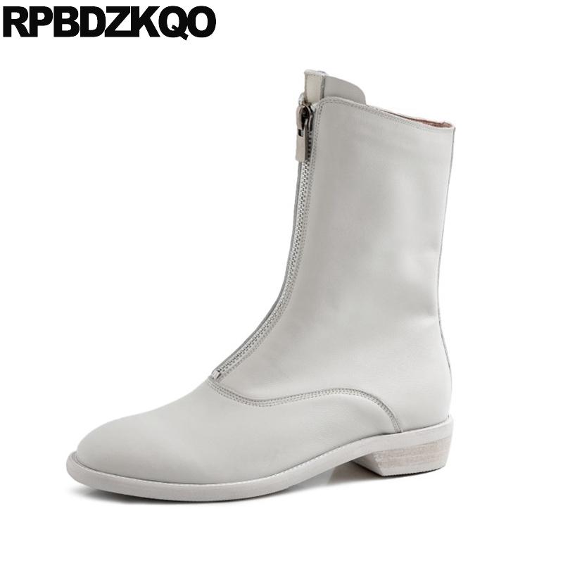 

front zipper short white custom designer fur shoes round toe ankle fall 2020 brand women winter boots genuine leather chunky, Black