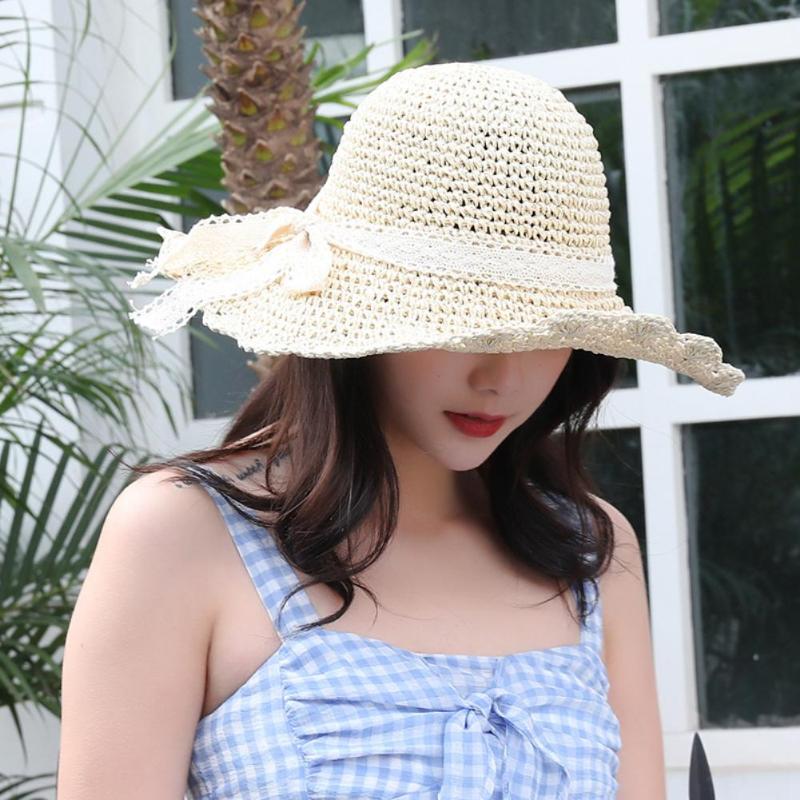 

New Women's Sun Hat Bucket cap Crochet Knit Straw Foldable Lace Ribbon Hat Sunscreen Beach Cap Sunhat Straw Outdoor, Beige