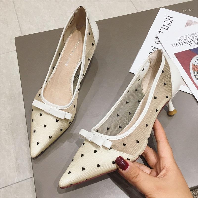 

Pointed toe polka dot bow-knot shallow pumps fresh lace slip on thin high heels casual sweet girl kitten heels women shoes femme1, Beige