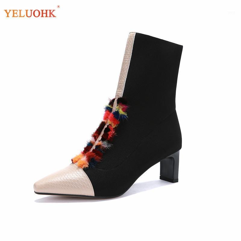 

Women Ankle Boots Strech Fabric Socking Boots Black Fur Lace Up Women Winter Shoes Pinted Toe 34-40 Plus Size Black1, Black women boots