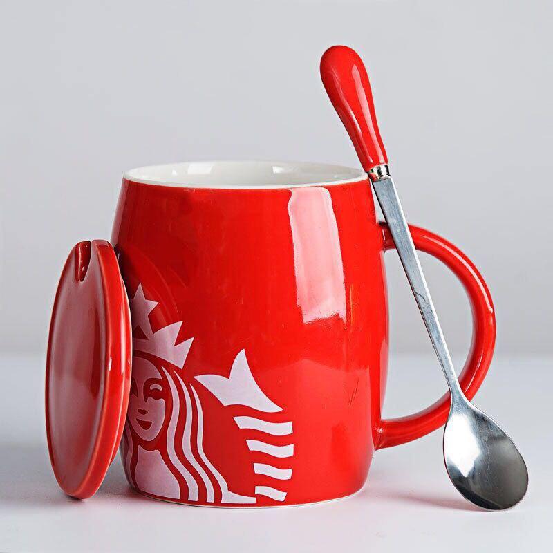 

414ML Starbucks Cup with Couple Ceramic Mugs with Lid and Spoon Children Milk Cup Home Cup Gift Products Free shipping