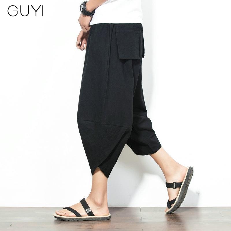 

Black Blue Solid Pockets Loose Pants Men Over Size Green Red Claf Length Bottoms Male Casual Comfortable Chinese Style Pant