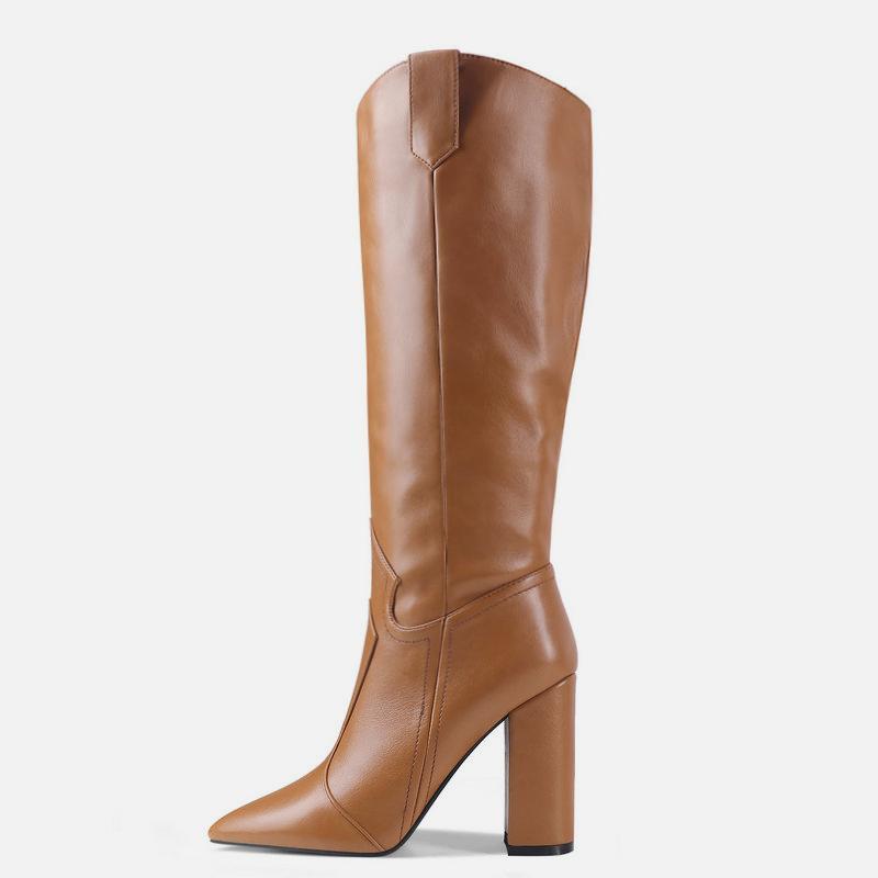 

Women Pointed Toe Thick Heel Knee Boots Lady Brown Black Beige Wide Winer Wram Boots Knee Women Lazy High Plus Size1