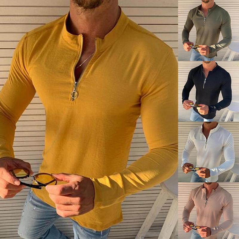 

Men's Solid Color Blouses Zipper Shirt Long Sleeve Stand Collar Shirts Loose Top Neckline Zipper Decoration Pullover T-shirt, Black