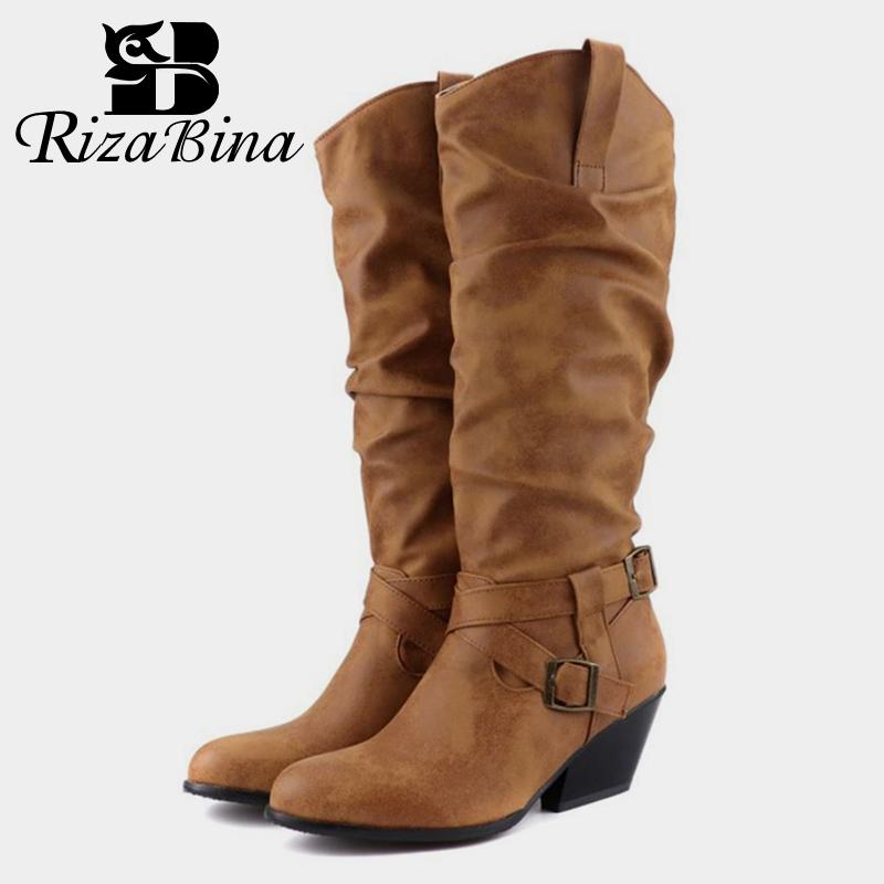 

RIZABINA 2020 New Women Knee Boots Buckle Fashion High Heel Winter Shoes Women Retro Long Boots Office Lady Footwear Size 34-43, Black