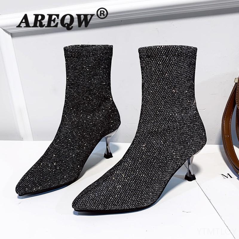 

2020 Winter Sock Boots Low High Heel Ankle Boots Luxury Women Desiger Glitter Short Party Shoes Sequined Cloth, Black