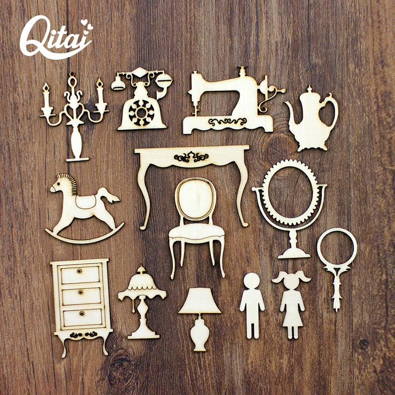 

QITAI 28pcs/box wood Boy girl dresser sewing machine Trojan DIY scrapbooking craft Creative home Decoration accessories WF255