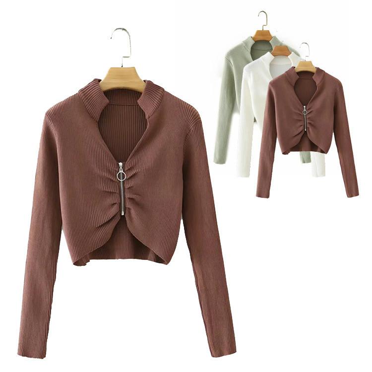 

2020 Autumn Spring Women Fashion Solid Sexy Zipper Cropped Long-Sleeve Deep V-neck Short Sweaters Big elastic Knitted Crop Tops, Green