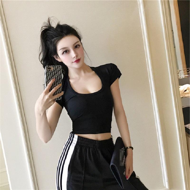 

Women's Tanks & Camis 2022 Summer Slim Sports Vest Sexy Women Short Sleeve U-Neck Gray Tee Tank Tops Female Solid Black/White Korean Crop Y2