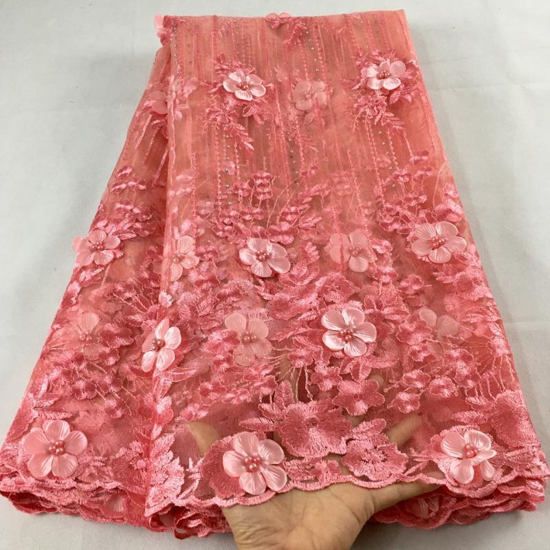 

African Lace Fabric 2020 High Quality Lace Pink Bridal Fabric With Beaded Nigerian Tulle Mesh Fabrics HX05F1