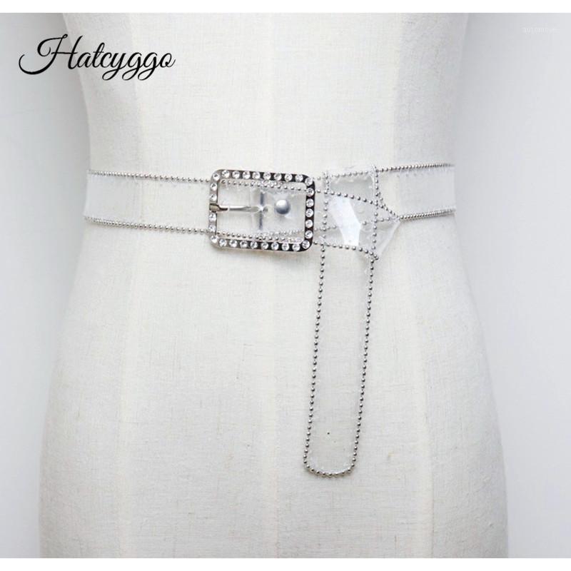

HATCYGGO Multicolor Transparent Plastic Belts For Women Square Buckle Straps Diamonds Decoration Belt Leisure Pearl Waistband1, Black