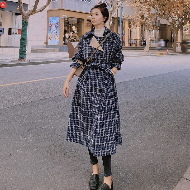 

2021 New Women's Wool Coat Winter Thicken Thick Retro Fashion Double-breasted New Hot Lapel Jacket D2 Xc47, White grid