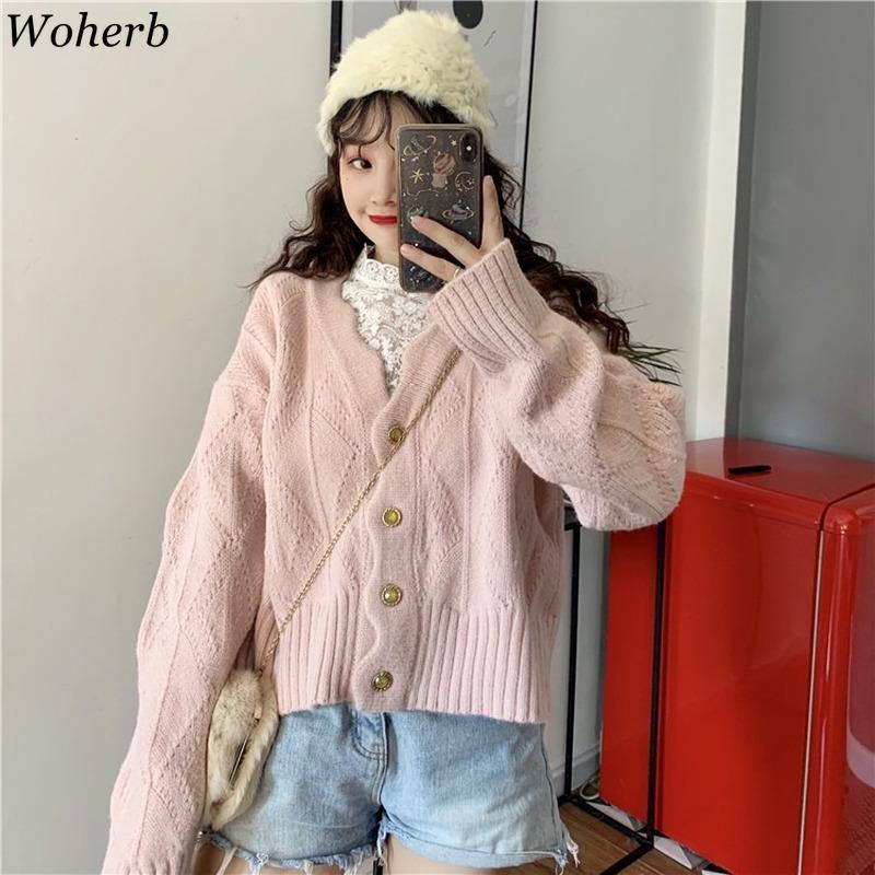 

woherb kawaii pink Knitted Cardigan women Korean Long Sleeve v-neck Sweater 2021 Autumn Winter New Knitwear Coat kardigany