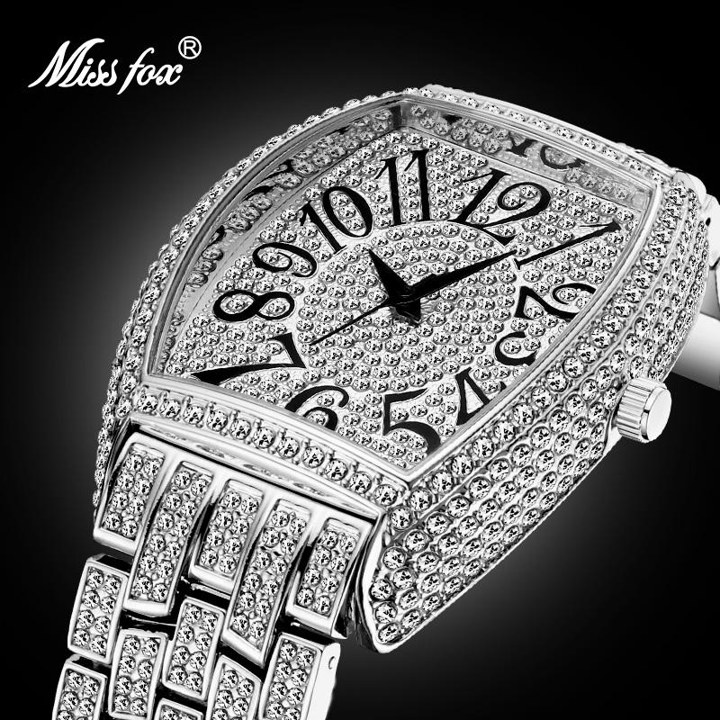 

MISSFOX Man Watch Waterproof Bling Bling Diamond Tonneau Luxury Bussiness Wristwatch Big Arabic Numerber RM Gift Dropshipping, Slivery;brown