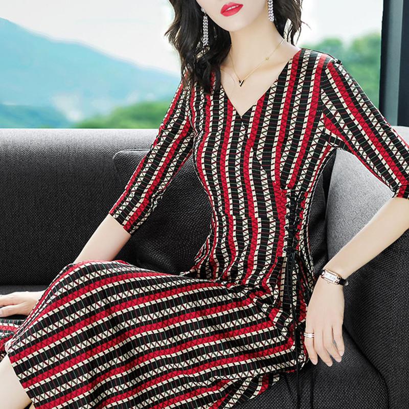 

Dress Female Summer 2020 Women' Clothing Vintage V-neck Striped Bandage Slim Dresses For Women  M L XL XXL High Quality, Red