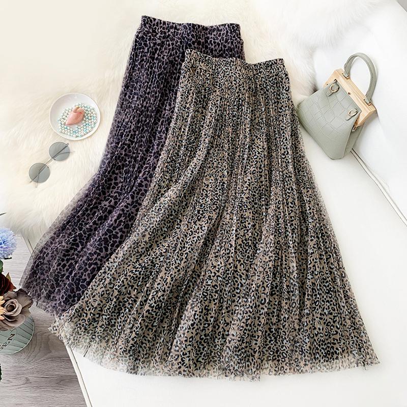 

Wasteheart Purple Khaki Women Skirts High Waist Ball Gown Feather Leopard Mid-Calf Skirt Mesh Clothing A-Line Long Skirts, Black