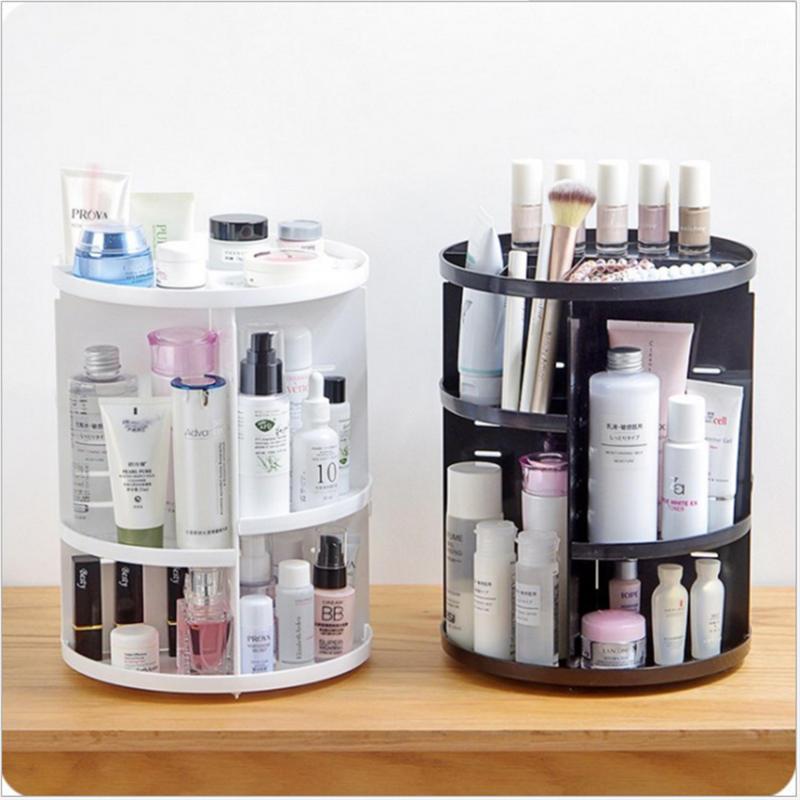 

360 Rotating Makeup Organizer Storage Box Adjustable Plastic Cosmetic Brushes Lipstick Holder Make Up Jewelry Container Stand1, Black