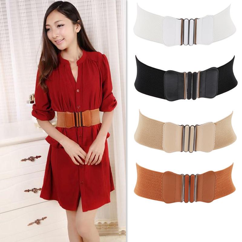 

Women Waist Belt Cummerbund Elastic Belt Square Buckle Black Dress Decorate Waistband Women Wide PU Leather Elastic Waistband, White