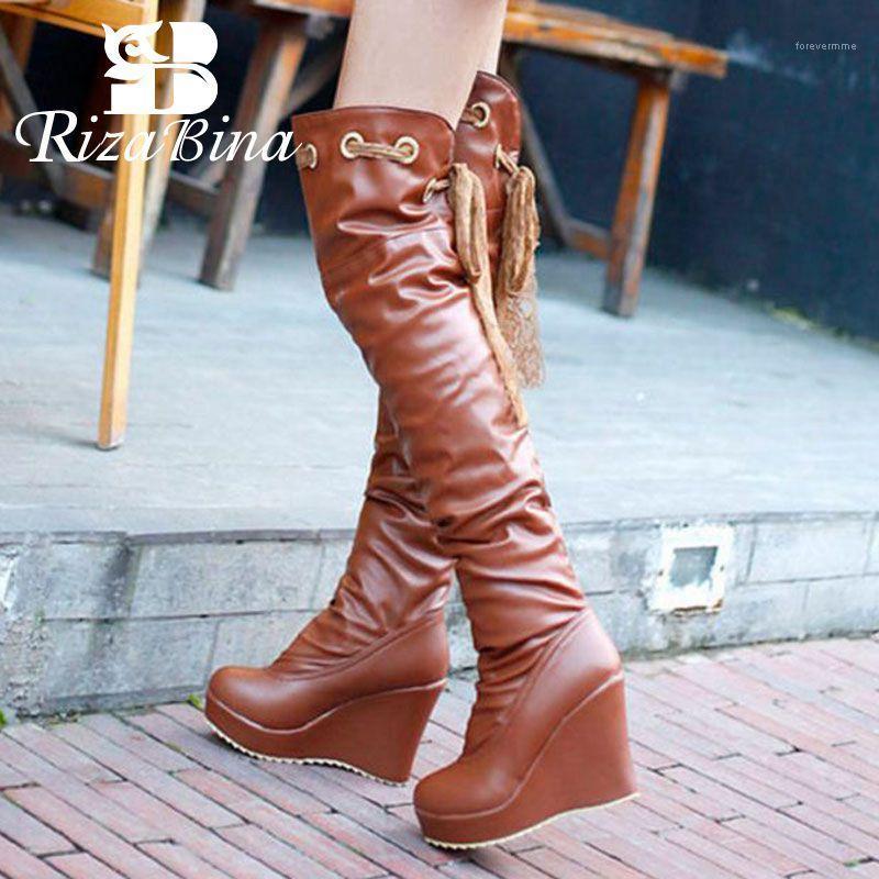 

RizaBina 2 Colors Women High Heel Boots Platform Wedges Lace Over Knee Women Boots Sexy Elegant Wram Footwear Size 34-391, Black velvet