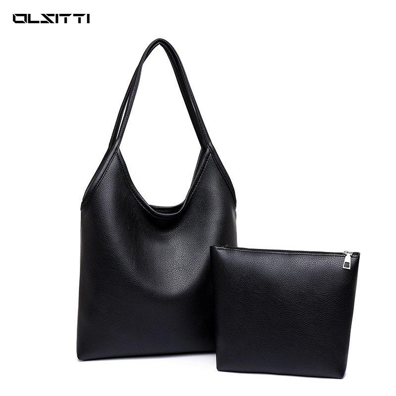 

OLSITTI Two-piece High Quality Leather Solid Color Shoulder Bags for Women 2021 New Designer Casual Concise Handbag Sac A Main, Black