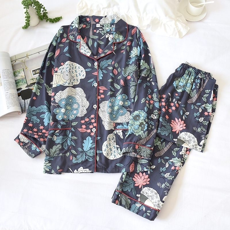 

Lapel Homewear Cotton Women's Pajamas Suit Button Floral Printed Sleepwear Set Long Sleeve 2 Pieces Shirts + Pants Female Pijama 201114, Magnolia