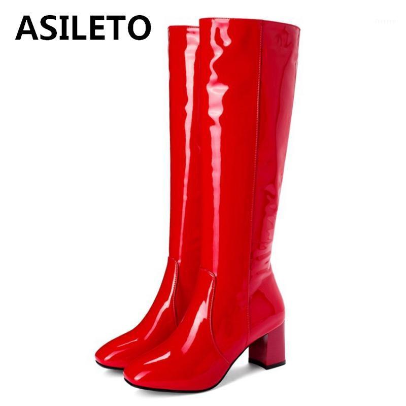 

ASILETO Women Pattent leather knee high boots for women 6cm block heels red white black lady winter leather shoes botte femme1