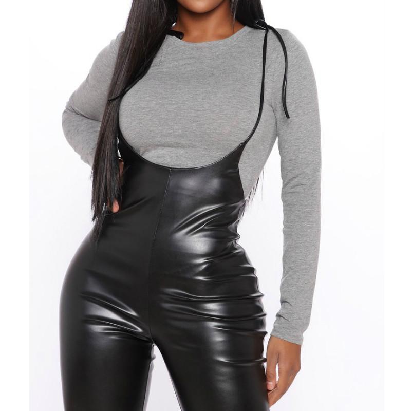 

High Street Fashion Overalls Lady Female Solid Sling Straps Bib Pants Leather Rompers Jumpsuits Pleated Pants Sexy Women Clothes, Black