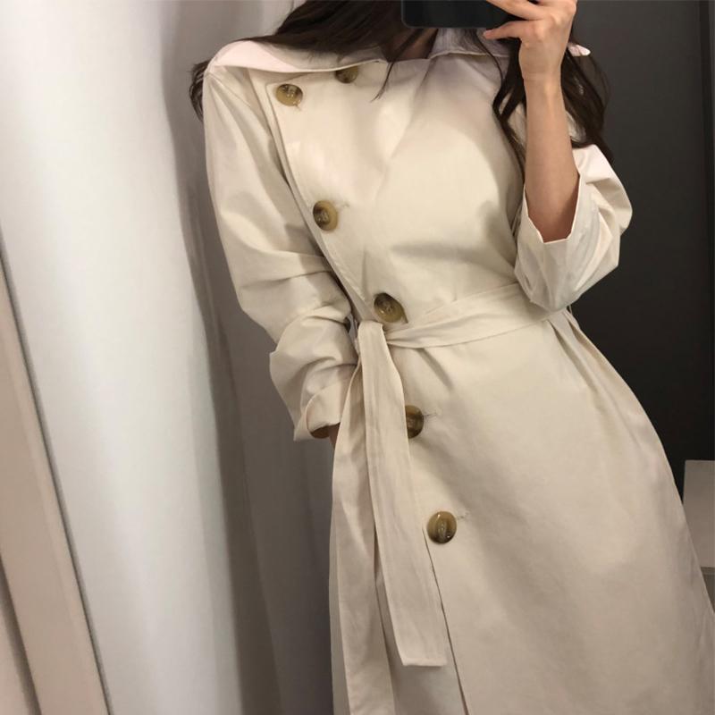 

Ailegogo New Women Elegant Single Breasted Belt Long Trench Coat Autumn Casual Female Turn Down Collar Windproof Outwear Tops, Beige