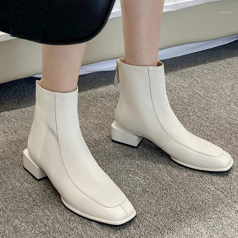 

Retro Square Toe Ankle Boots Woman Genuine Leather Low-heels Short Boots Brown White Square heel Cow-leather Ankle1